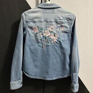 Express‎ Floral/Bird Embroidery Distressed Jean Shirt/Jacket Women's Size S